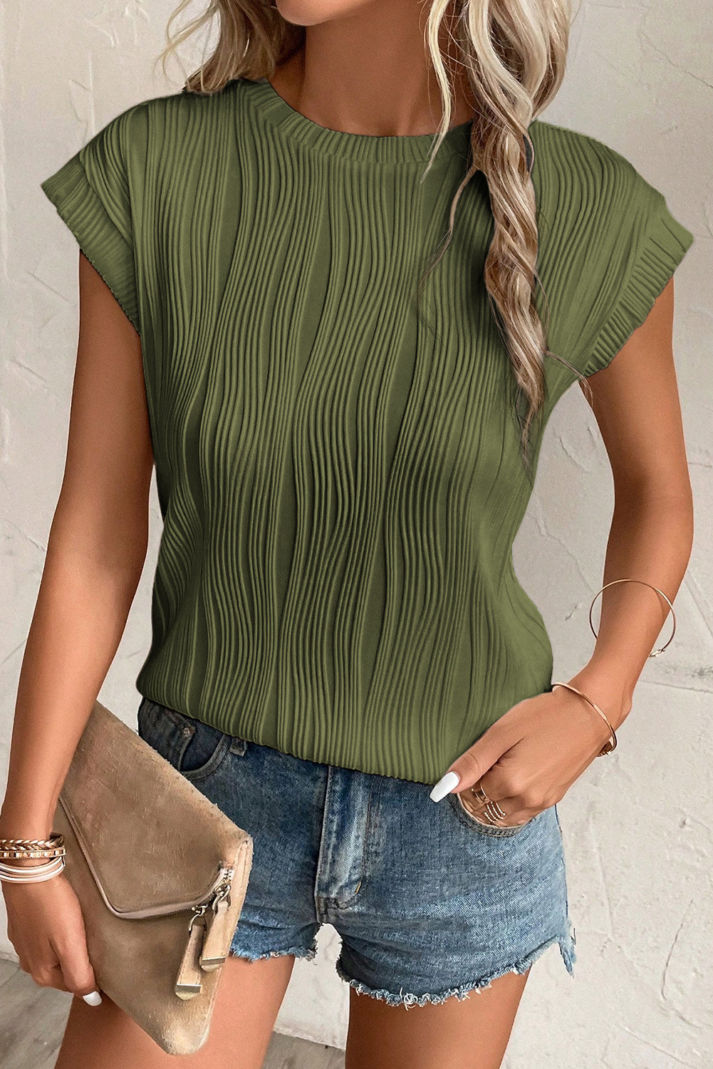 Black Wavy Texture Cap Sleeve Top | Dia&Popo