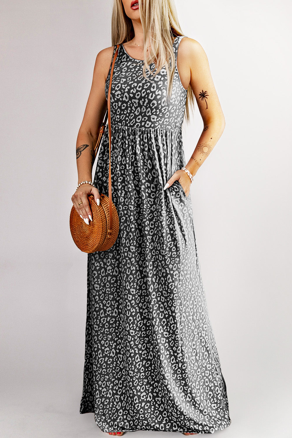Rose Leopard Print Pocketed Sleeveless Maxi Dress
