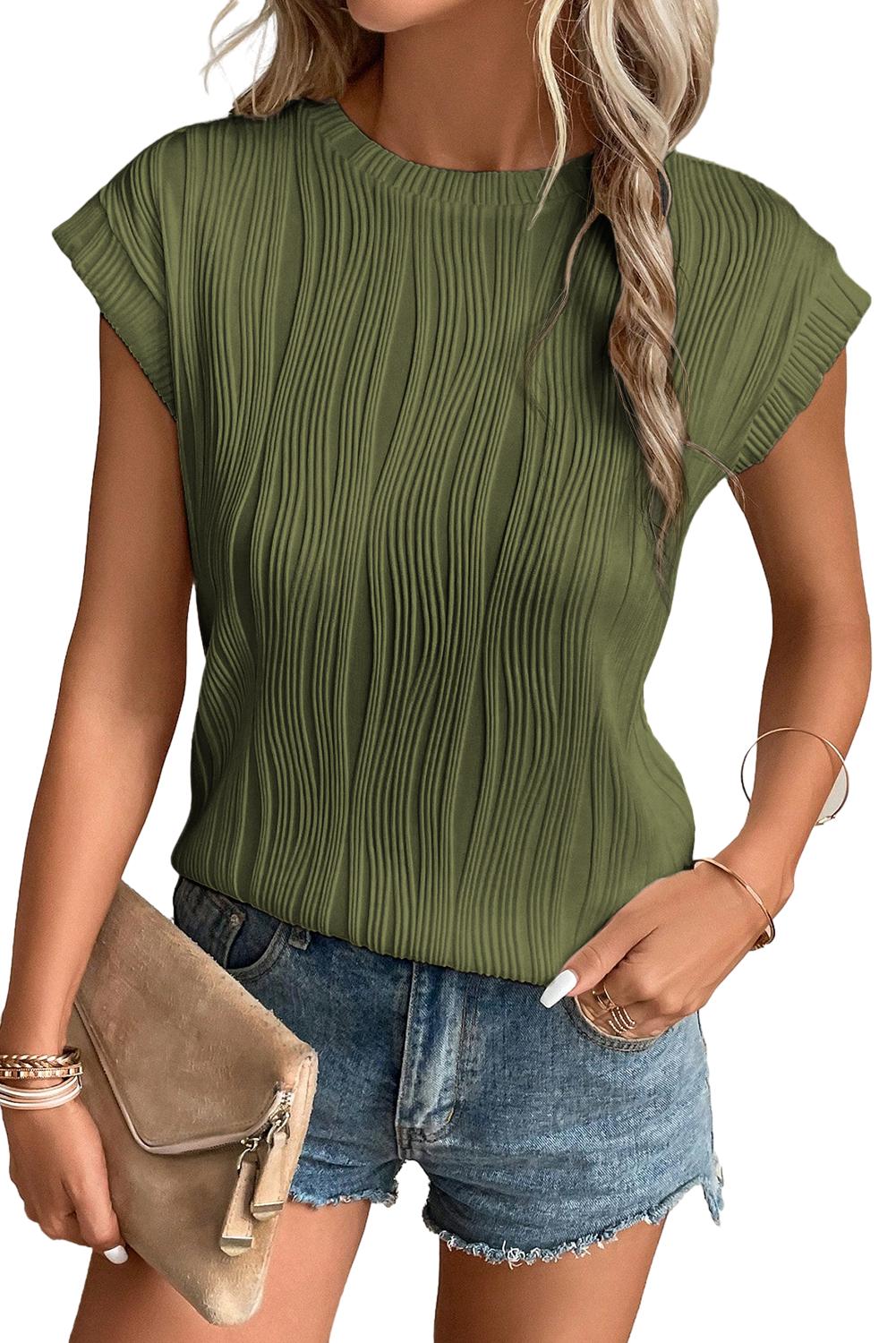 Black Wavy Texture Cap Sleeve Top | Dia&Popo
