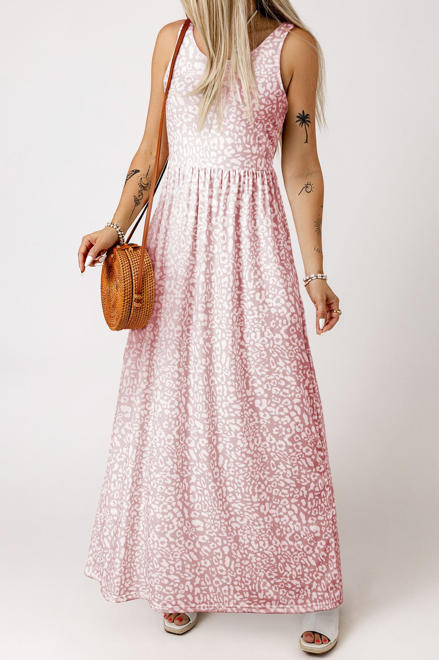 Rose Leopard Print Pocketed Sleeveless Maxi Dress