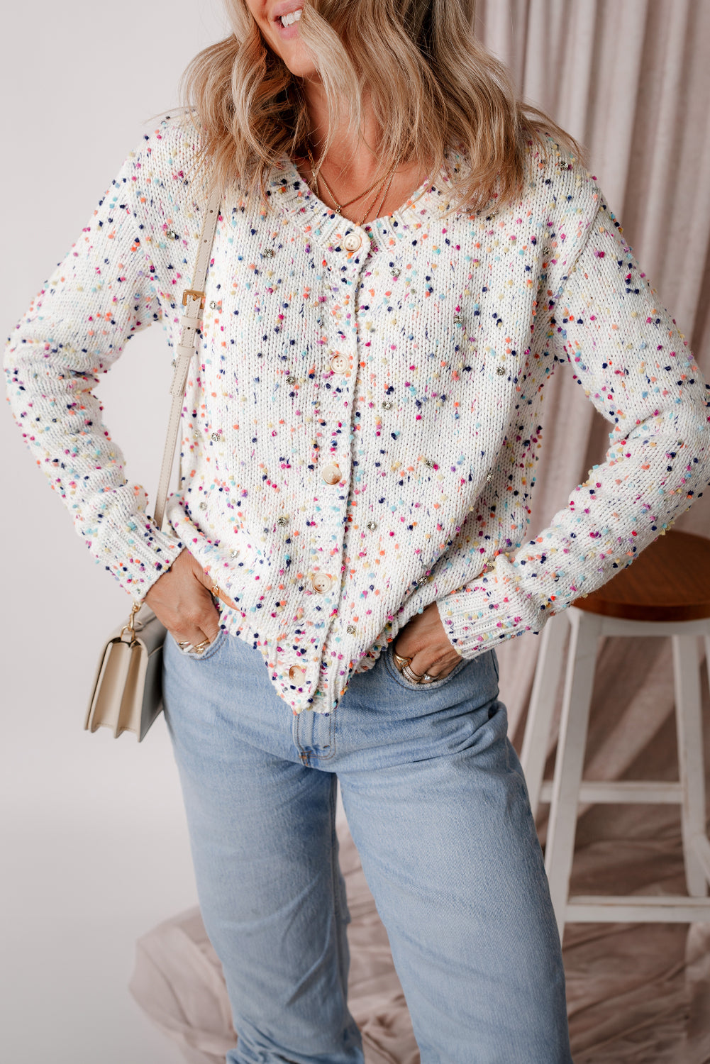 Black Rhinestone Decor Multicolor Confetti Sweater Cardigan