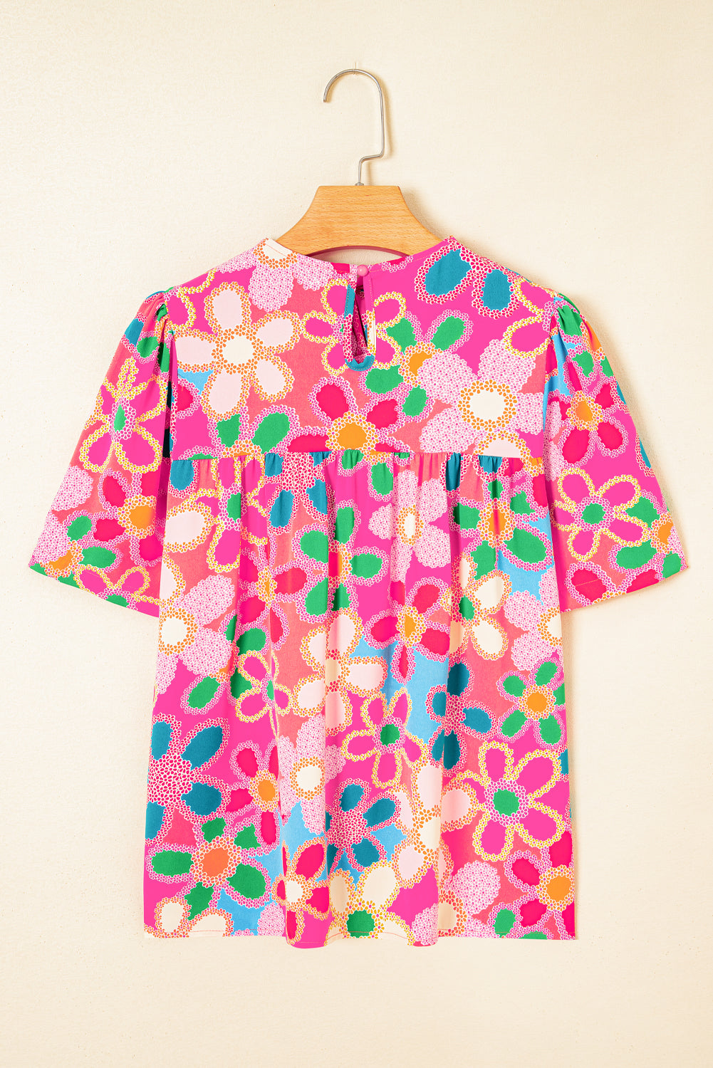 Purple Boho Flower Print Puff Short Sleeve Top
