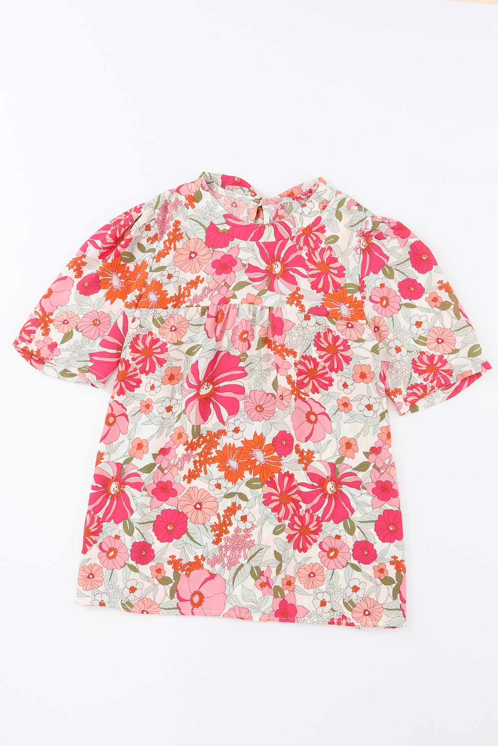 Purple Boho Flower Print Puff Short Sleeve Top