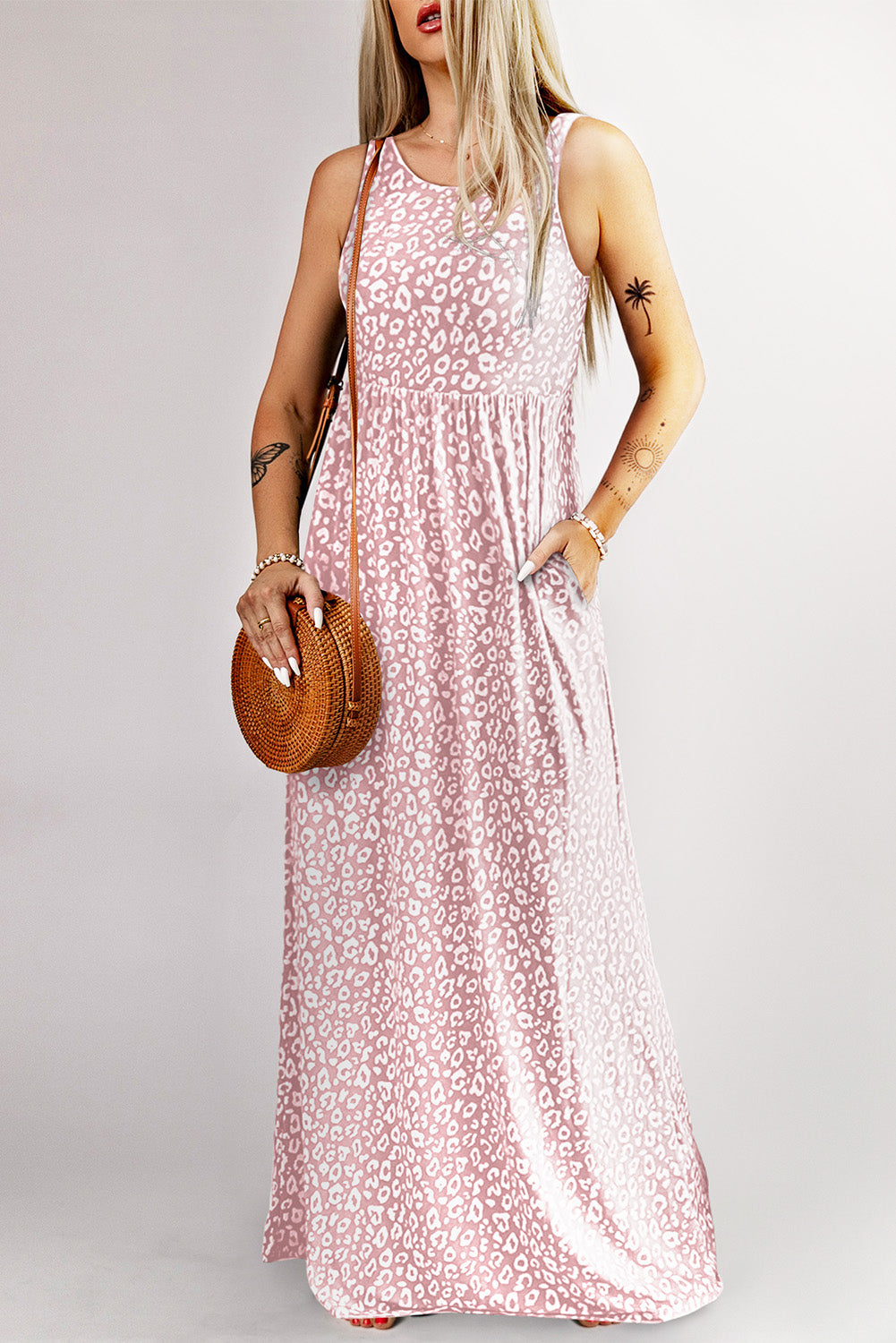 Rose Leopard Print Pocketed Sleeveless Maxi Dress
