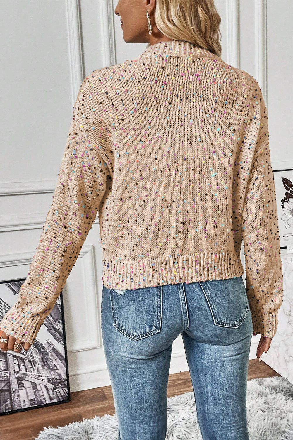 Black Rhinestone Decor Multicolor Confetti Sweater Cardigan