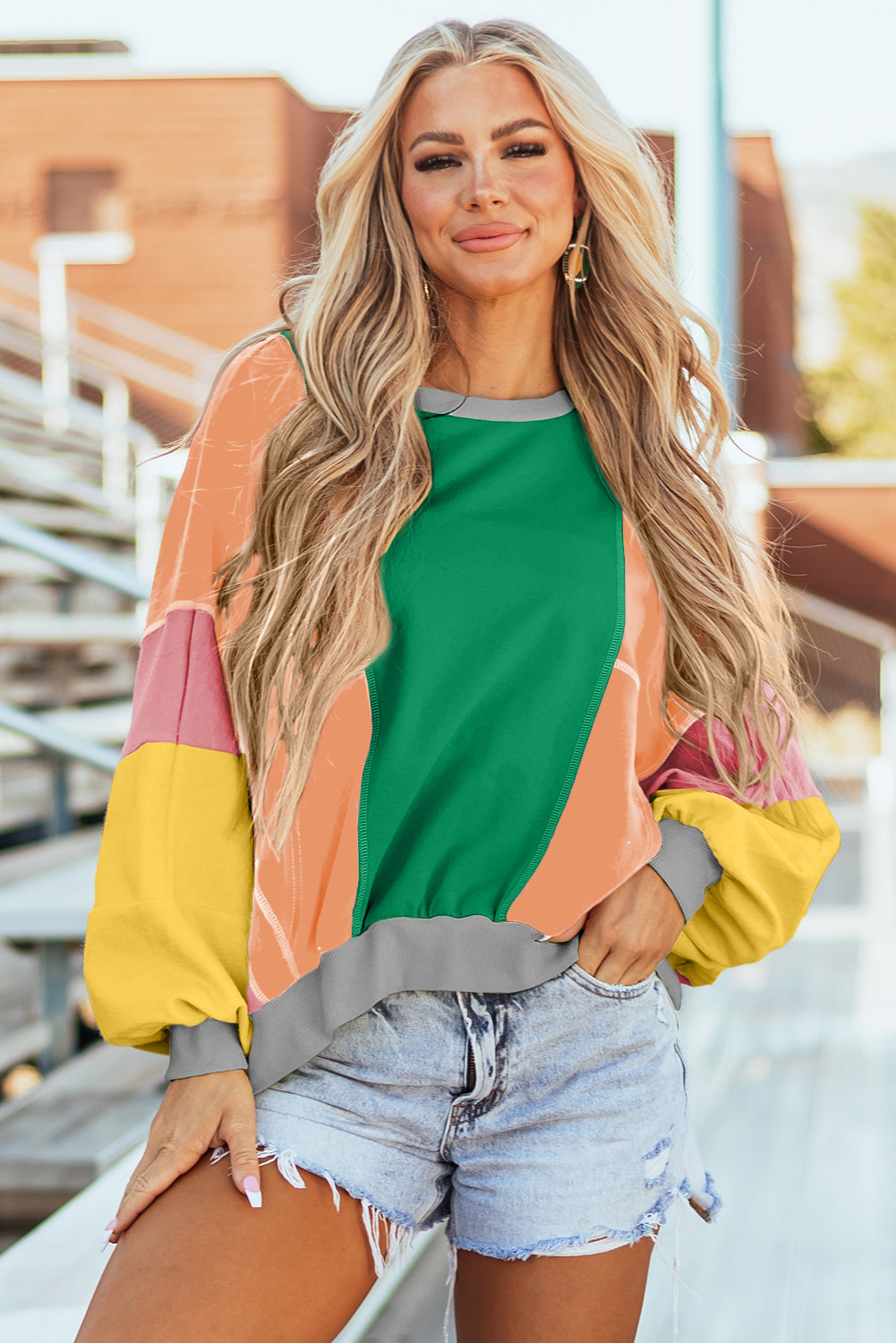 Orchid Petal Colorblock Patchwork Exposed Stitching Oversize Top
