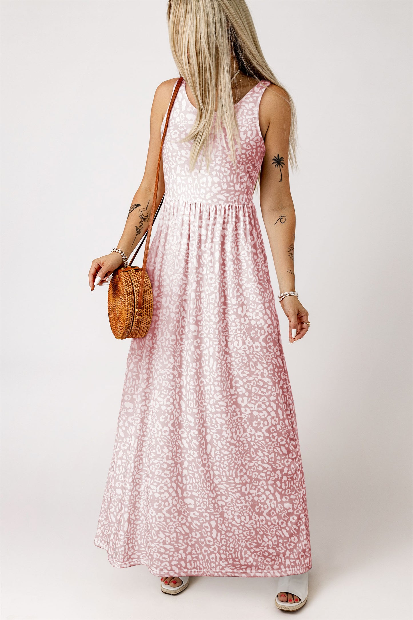 Rose Leopard Print Pocketed Sleeveless Maxi Dress