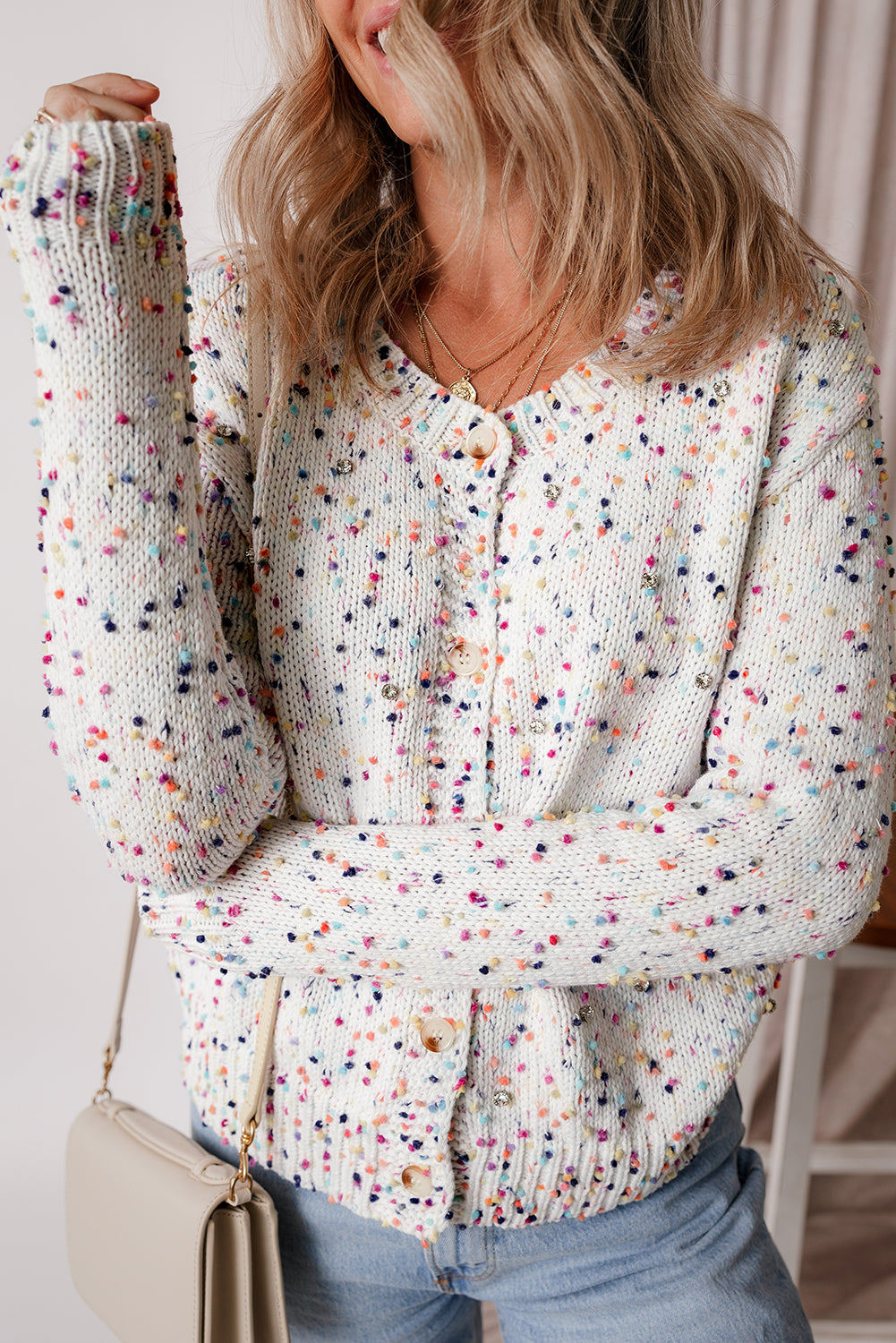 Black Rhinestone Decor Multicolor Confetti Sweater Cardigan