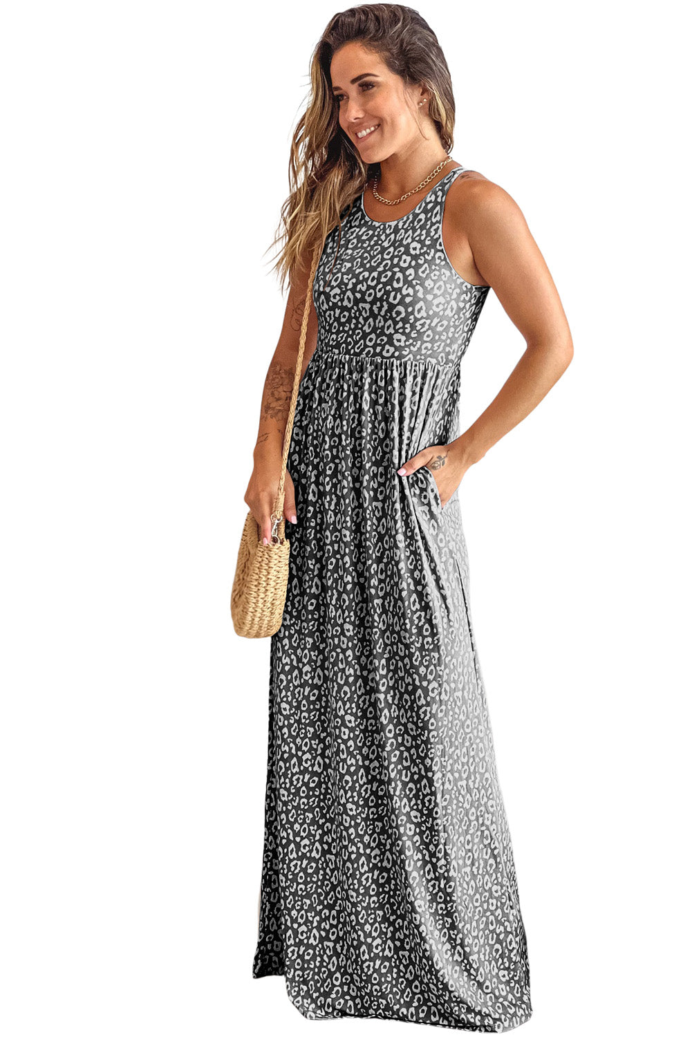 Rose Leopard Print Pocketed Sleeveless Maxi Dress