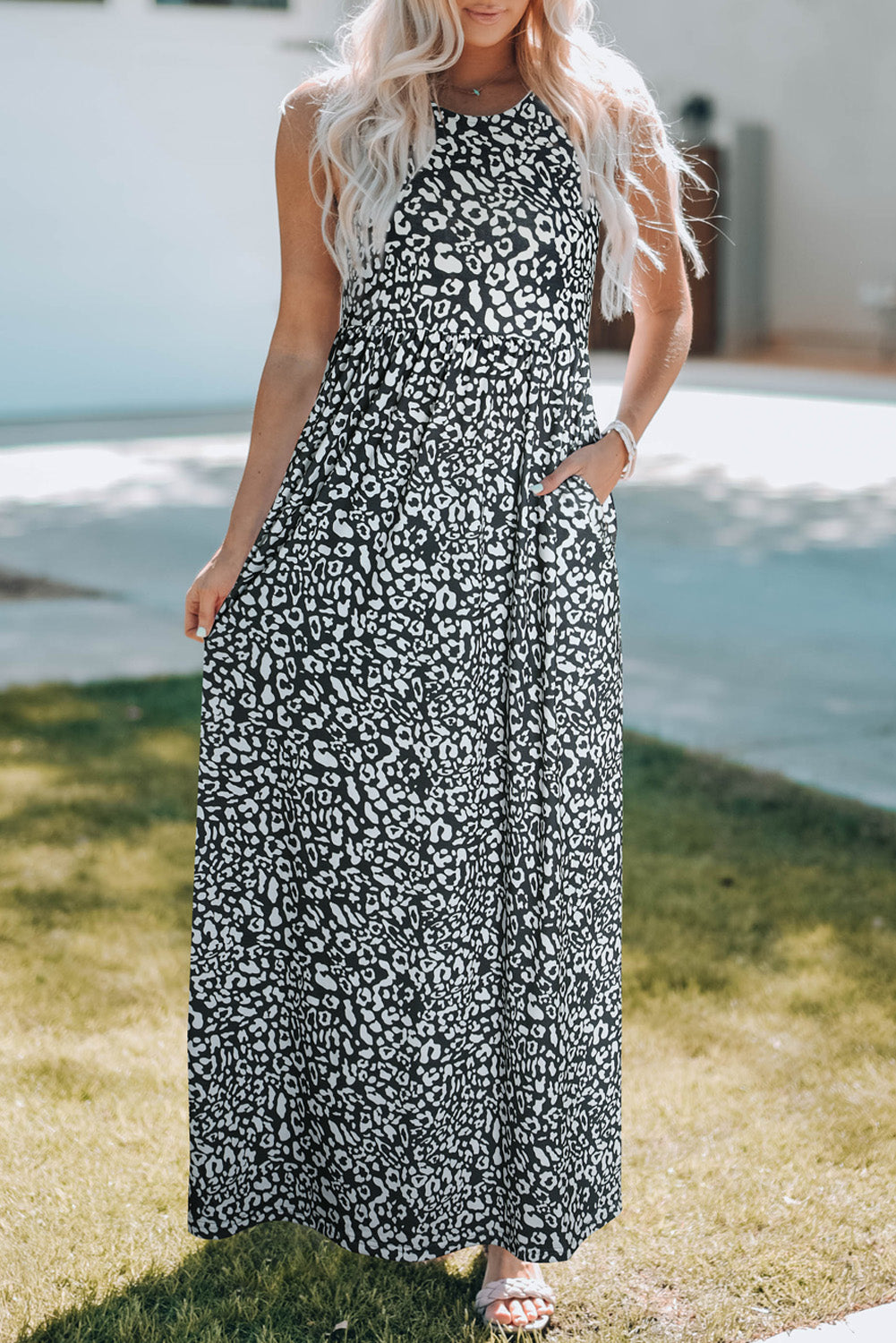 Rose Leopard Print Pocketed Sleeveless Maxi Dress