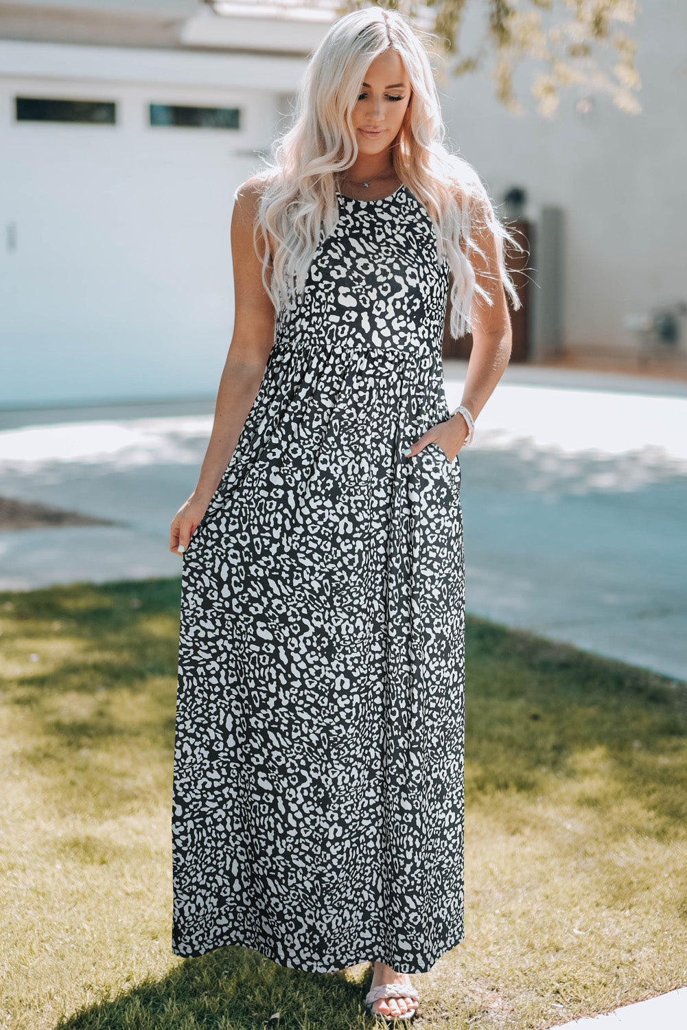 Rose Leopard Print Pocketed Sleeveless Maxi Dress