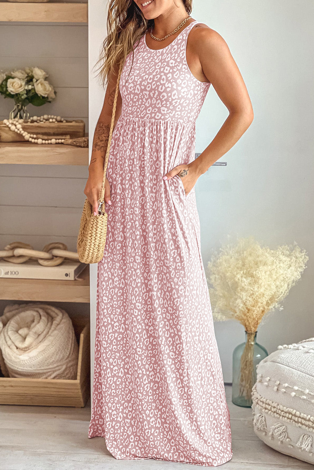 Rose Leopard Print Pocketed Sleeveless Maxi Dress