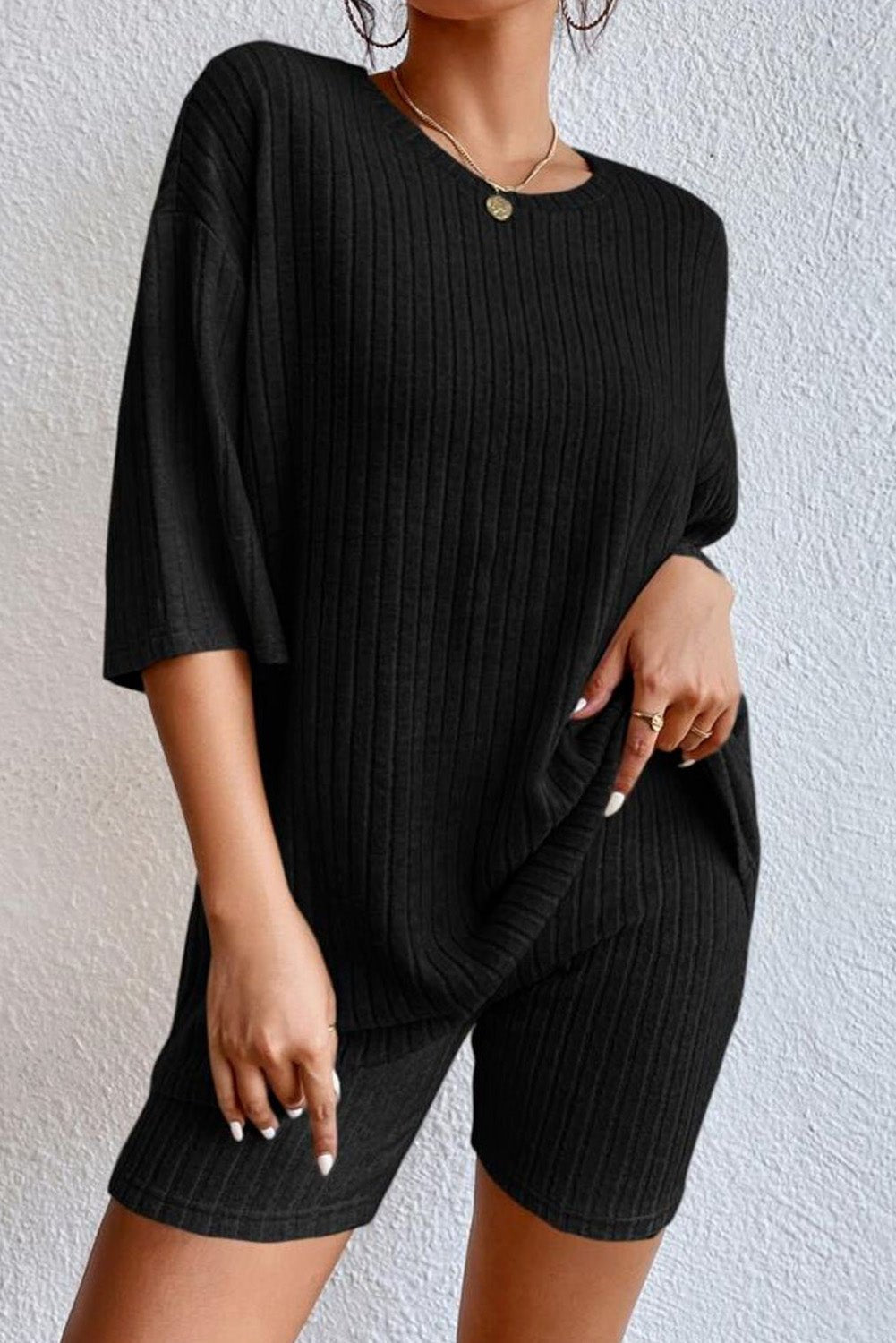 Black Plain Ribbed Loose Fit Two Piece Lounge Set | Dia&Popo
