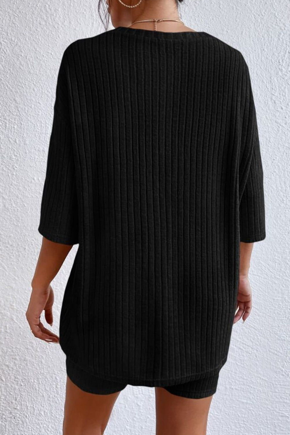 Black Plain Ribbed Loose Fit Two Piece Lounge Set | Dia&Popo