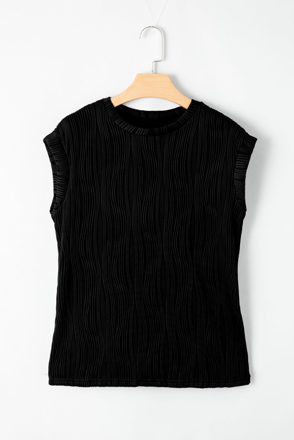 Black Wavy Texture Cap Sleeve Top | Dia&Popo