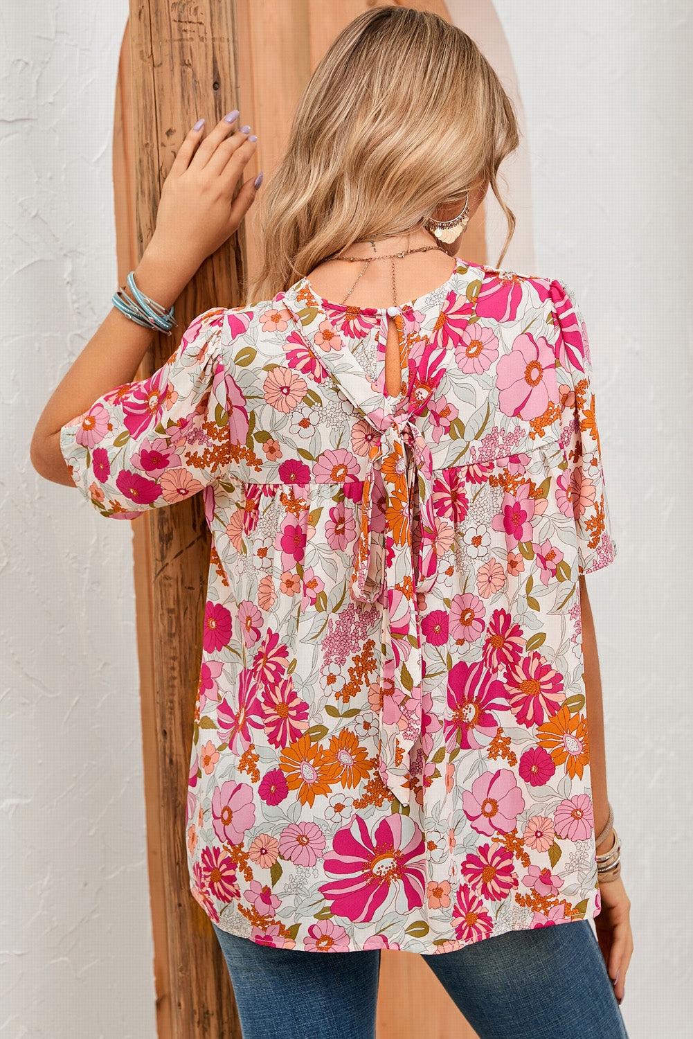 Purple Boho Flower Print Puff Short Sleeve Top