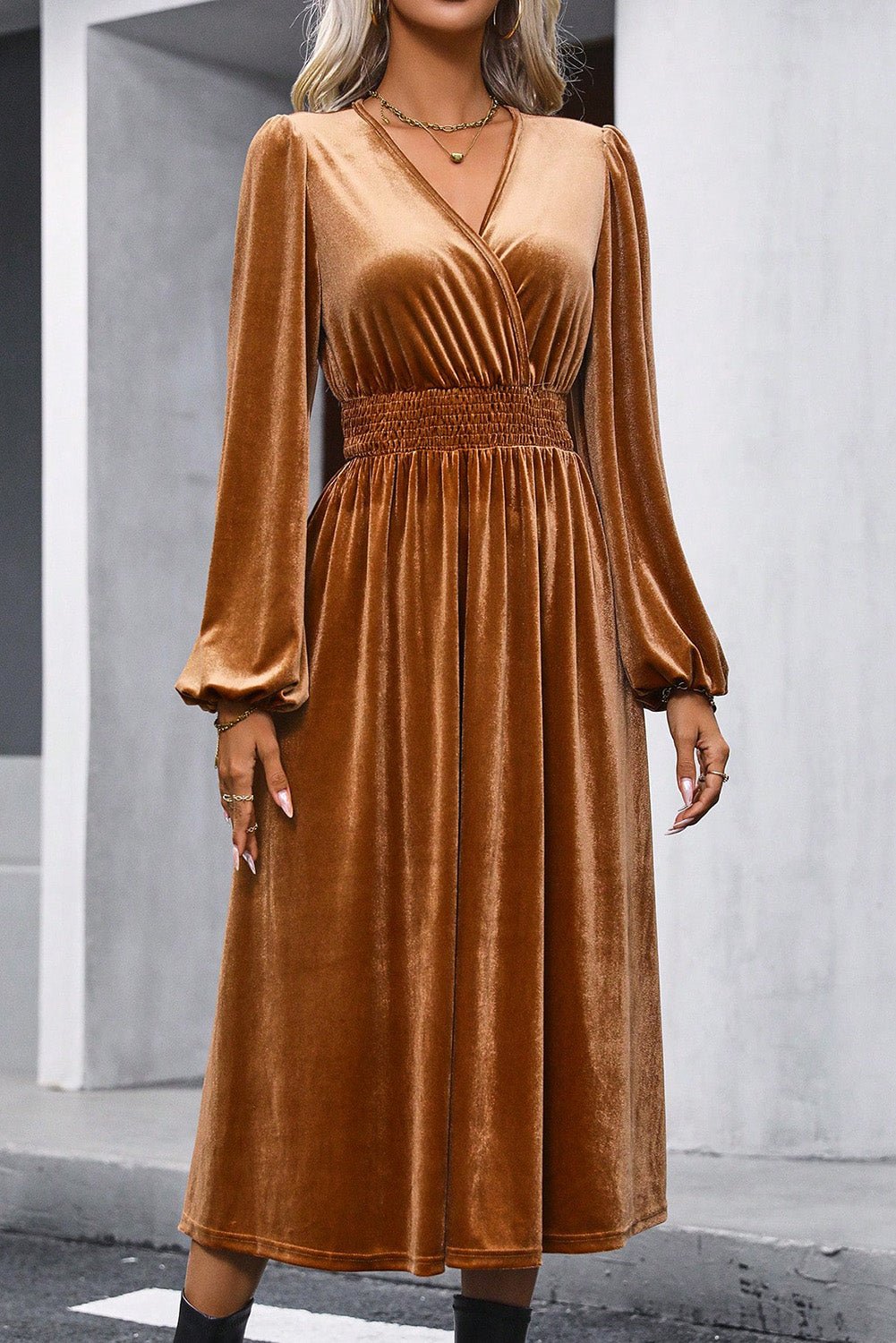 Camel Wrap V Neck Smocked High Waist Velvet Midi Dress | Dia&Popo