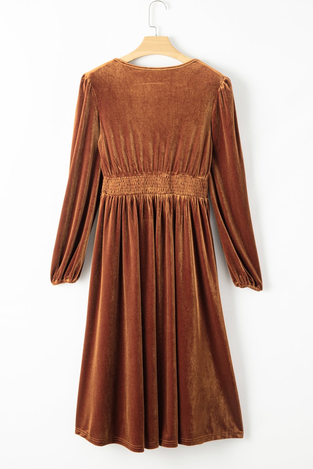 Camel Wrap V Neck Smocked High Waist Velvet Midi Dress | Dia&Popo