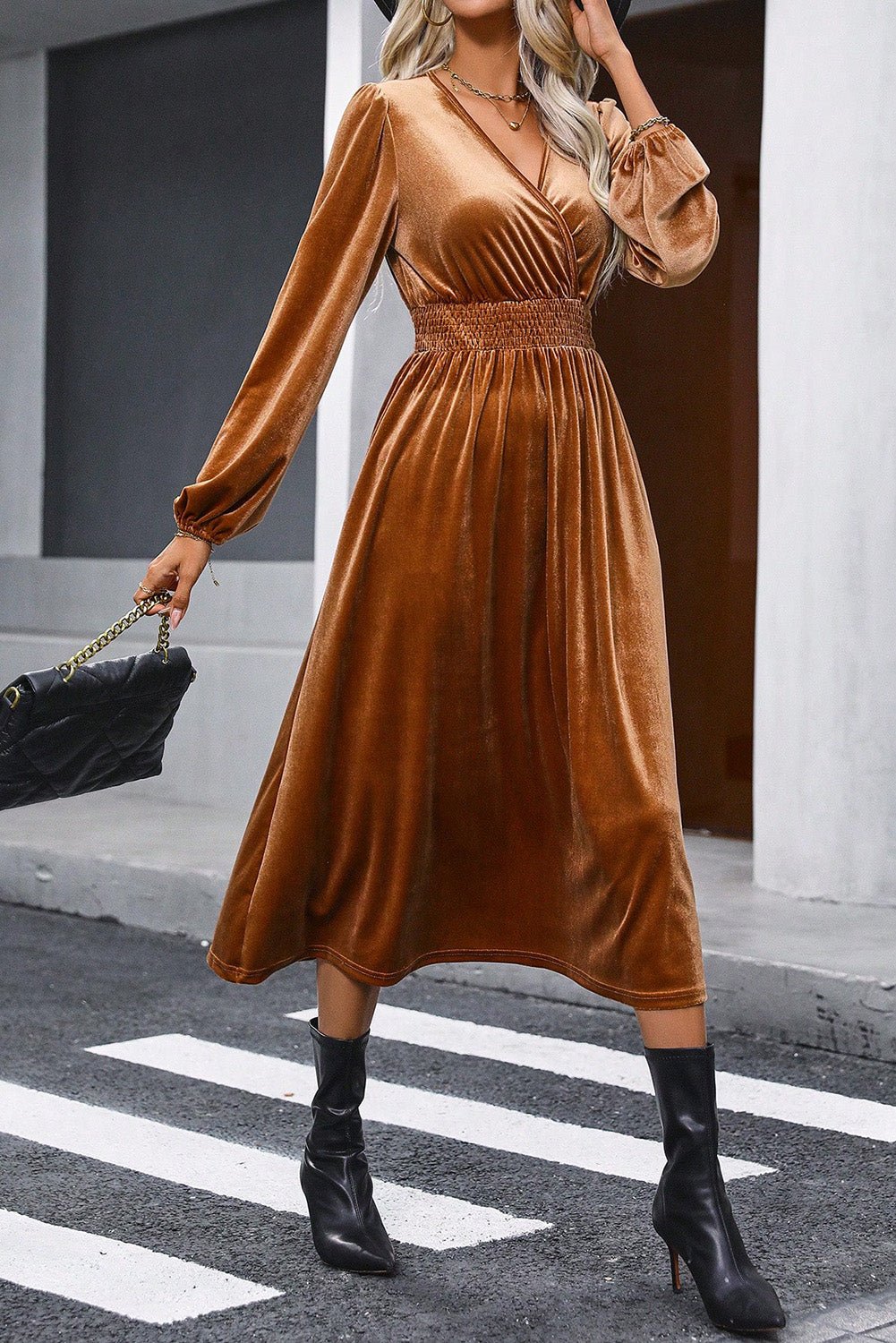 Camel Wrap V Neck Smocked High Waist Velvet Midi Dress | Dia&Popo