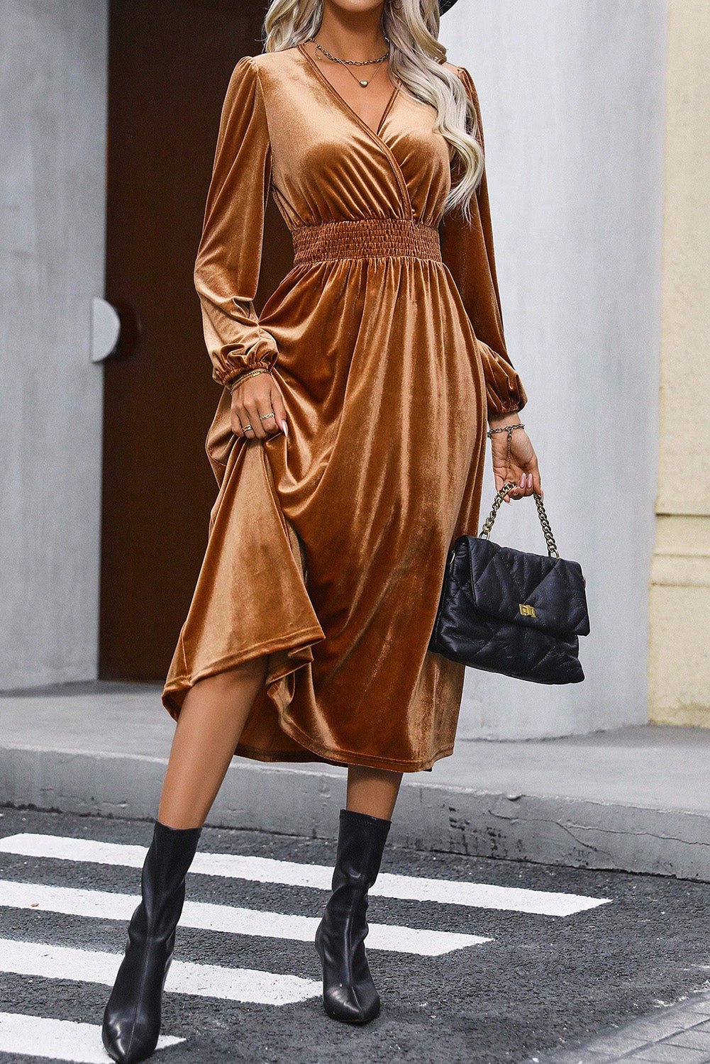 Camel Wrap V Neck Smocked High Waist Velvet Midi Dress | Dia&Popo