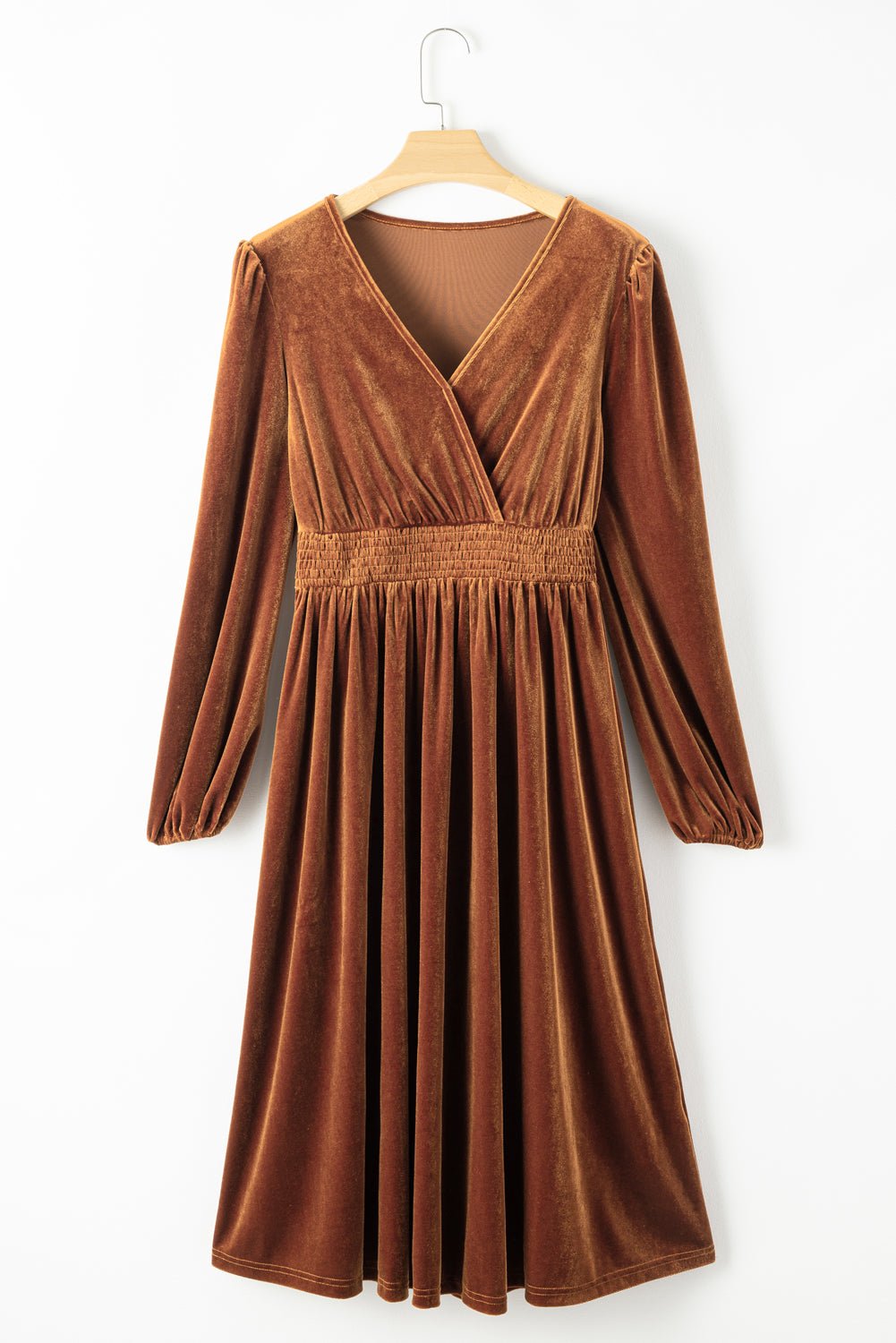 Camel Wrap V Neck Smocked High Waist Velvet Midi Dress | Dia&Popo