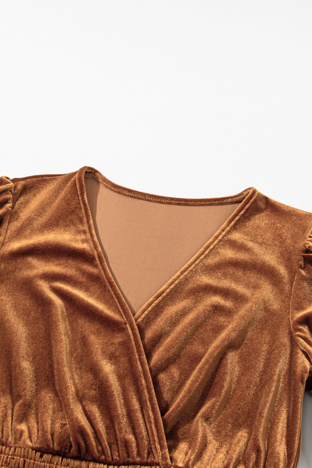 Camel Wrap V Neck Smocked High Waist Velvet Midi Dress | Dia&Popo