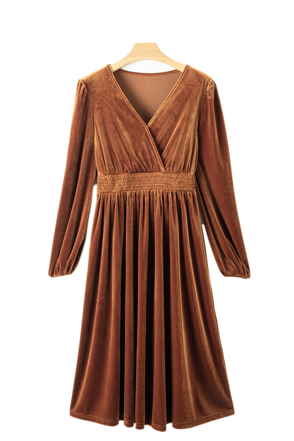 Camel Wrap V Neck Smocked High Waist Velvet Midi Dress | Dia&Popo