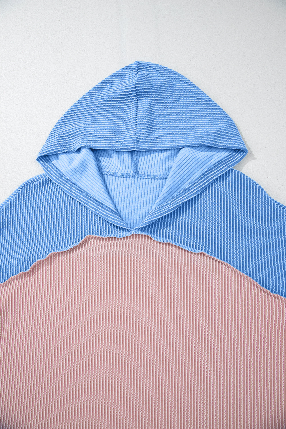 Pink Color Block Patchwork Corded Knit Loose Fit Hooded Blouse