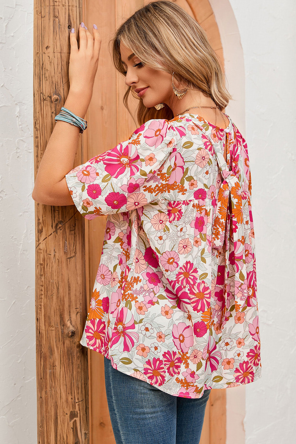 Purple Boho Flower Print Puff Short Sleeve Top