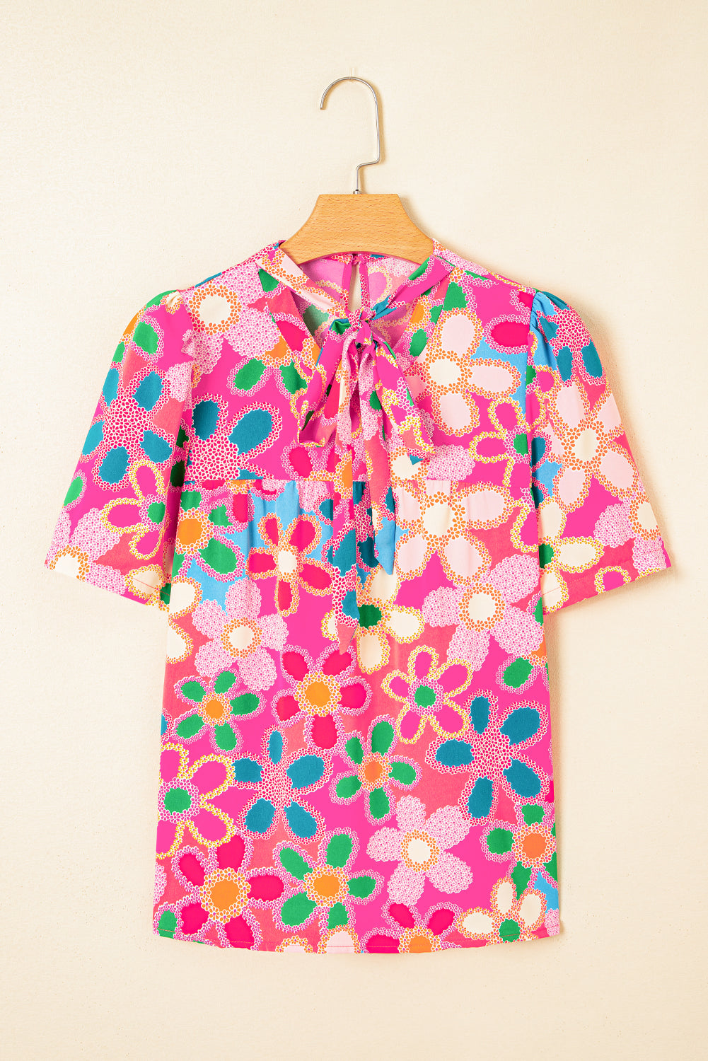 Purple Boho Flower Print Puff Short Sleeve Top
