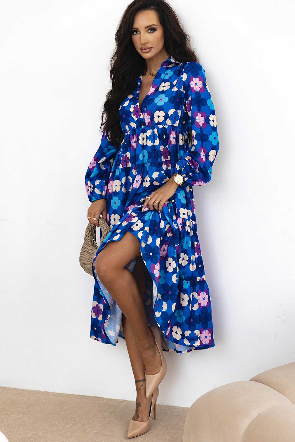 Blue Floral Peasant Sleeve Tiered Ruffle Midi Dress