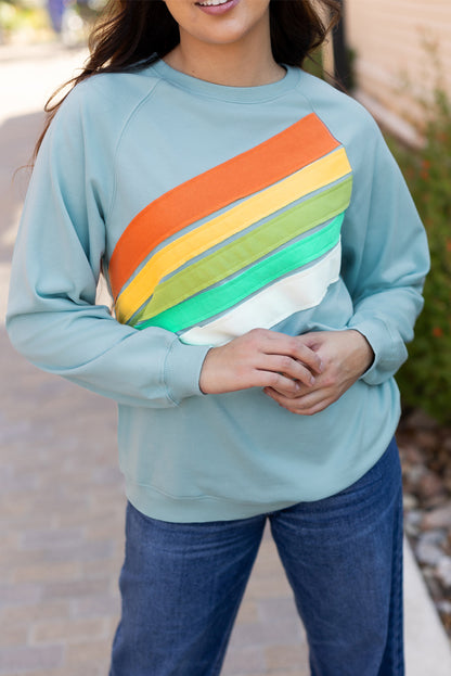 Apricot Rainbow Colorblock Striped Pullover Sweatshirt