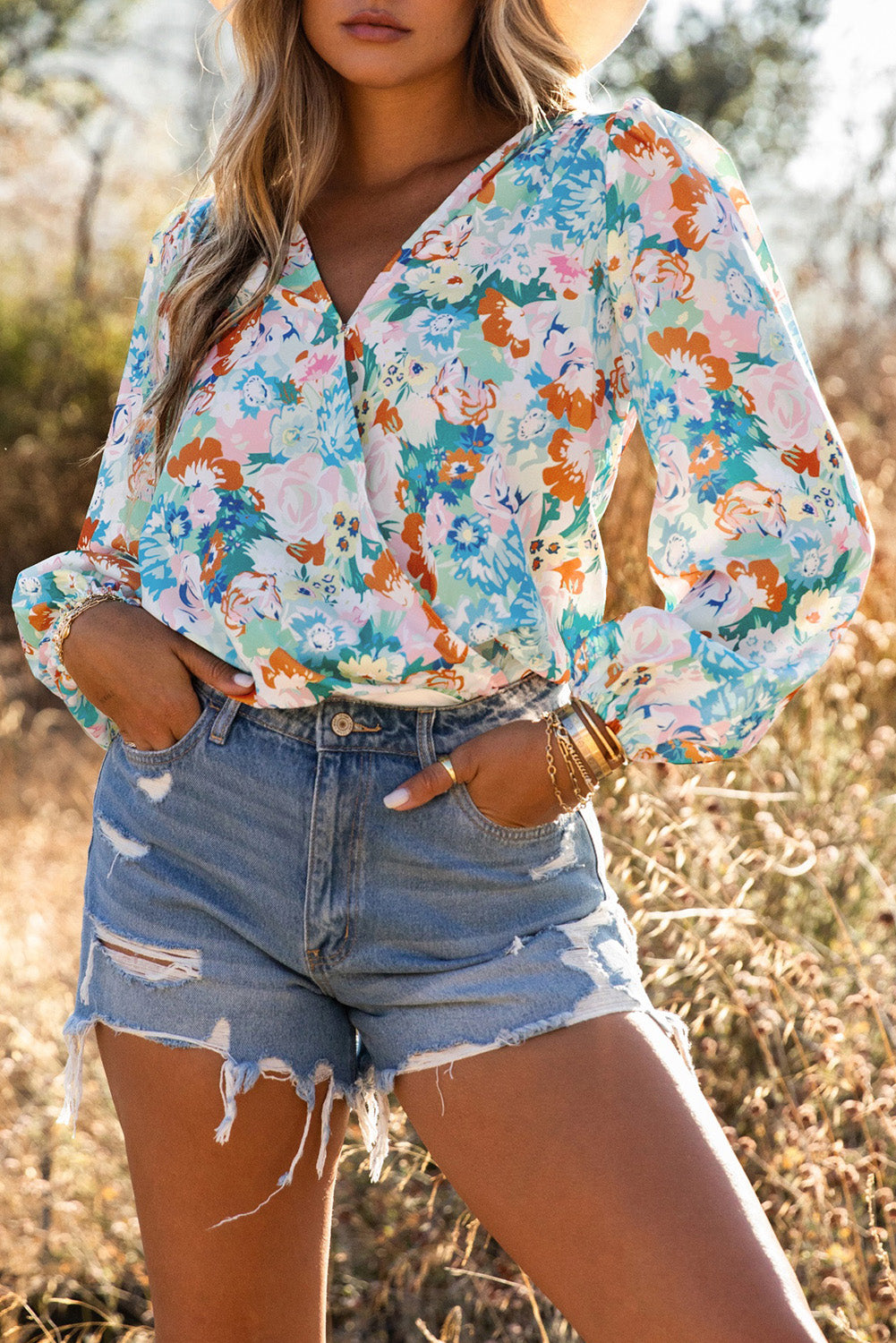 Sky Blue Floral Print Wrap Long Sleeve Bodysuit