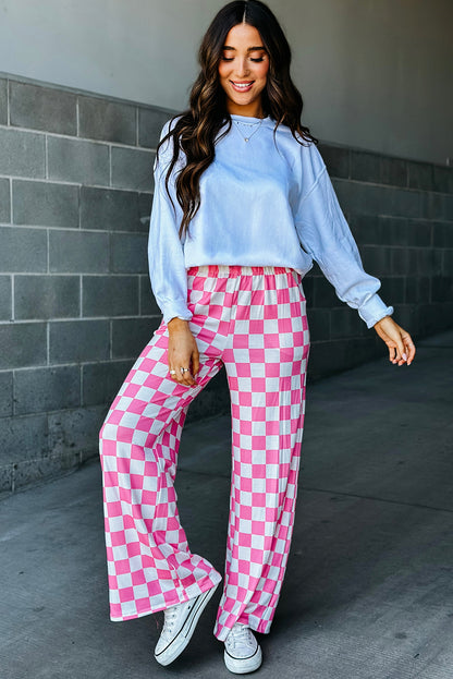 Black 2-Tone Checked Print High Waist Wide Leg Pants