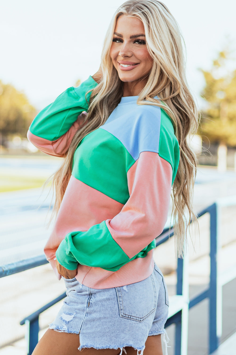 Blossom Colorblock Patchwork Drop Shoulder Sweatshirt