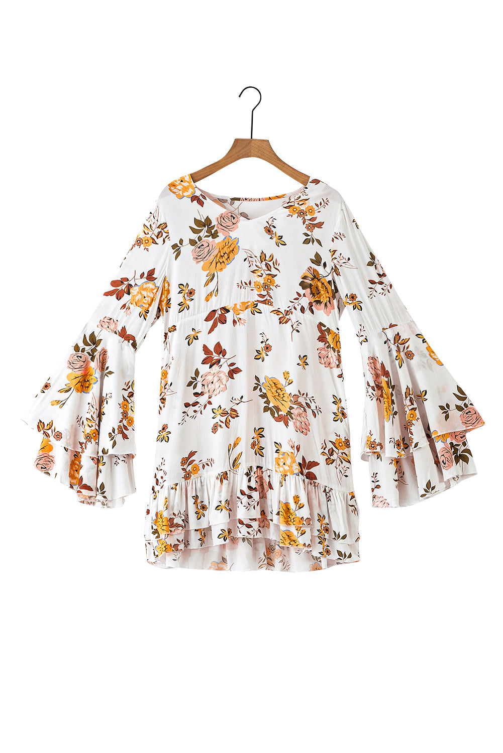 White Printed Floral Print Layered Sleeve Mini Dress