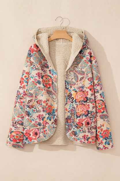 Beige Vintage Paisley Floral Printed Sherpa Lined Hooded Jacket