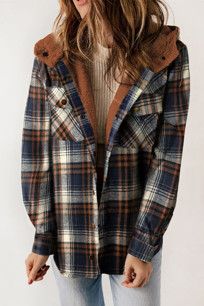 Khaki Plaid Pattern Sherpa Lined Hooded Shacket