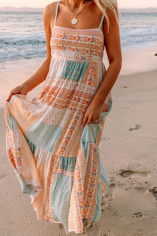 Multicolor Boho Patchwork Print Square Neck Sundress