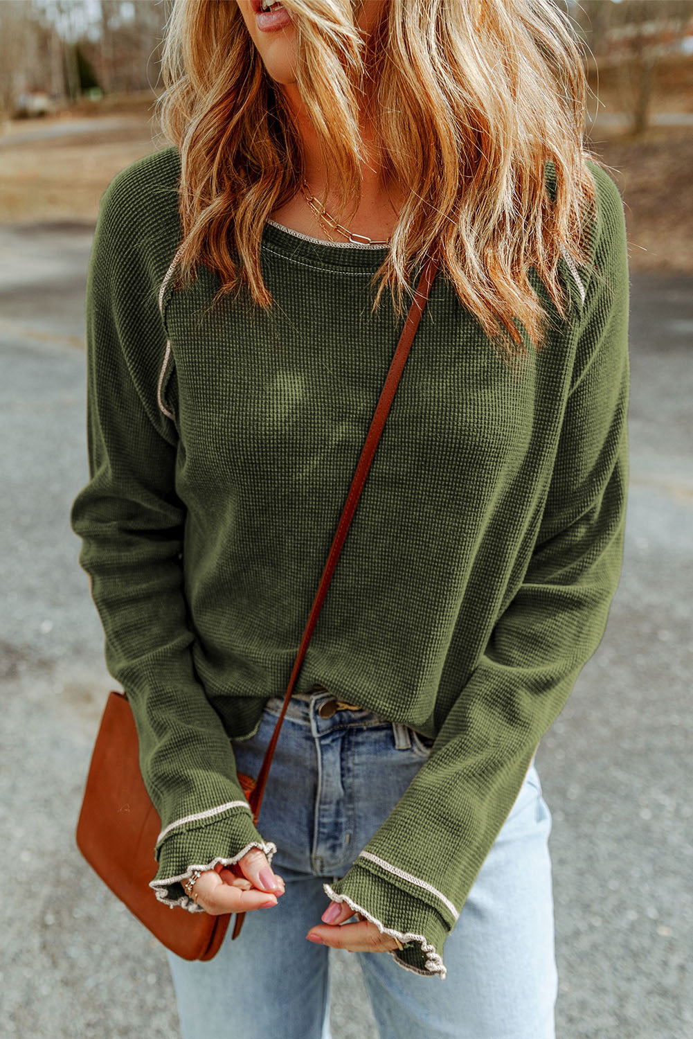 Apricot Pink Textured Round Neck Long Sleeve Top