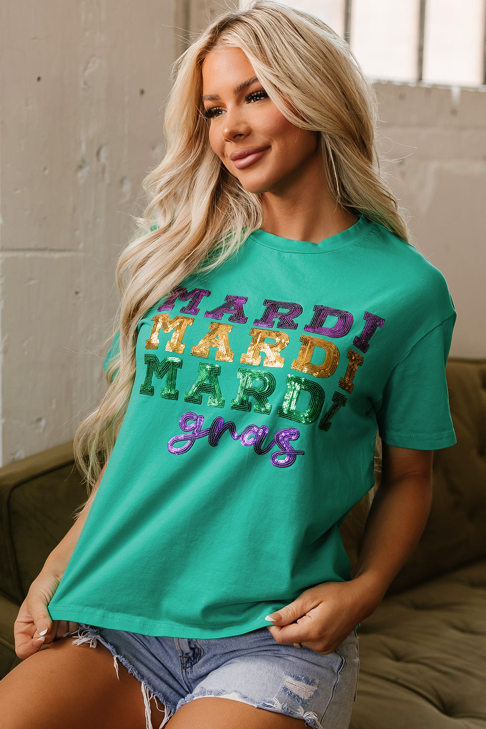 Sea Green Sequin Mardi Gras Letter Graphic T Shirt