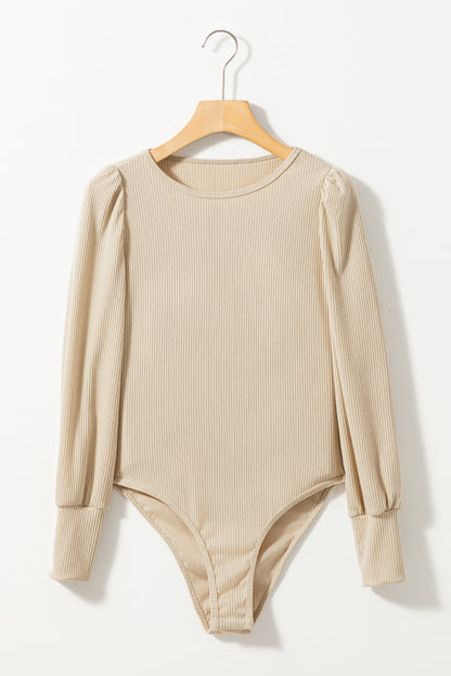 Brown Ribbed Balloon Sleeve Bodysuit