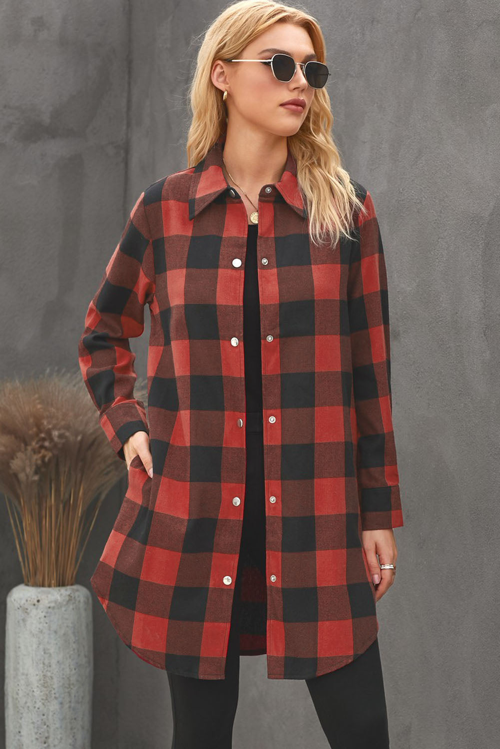 Brown Turn-down Collar Plaid Shirt Coat