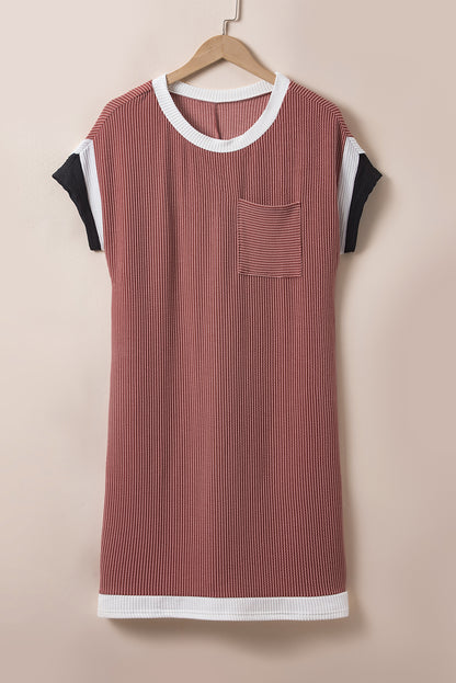 Moonlight Jade Textured Colorblock Edge Patched Pocket T Shirt Dress