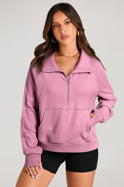 Light Grey Quarter Zip Stand Neck Kangaroo Pocket Sweatshirt