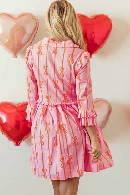 Pink Bowknot Striped Printed Tiered Ruffled Mini Shirt Dress