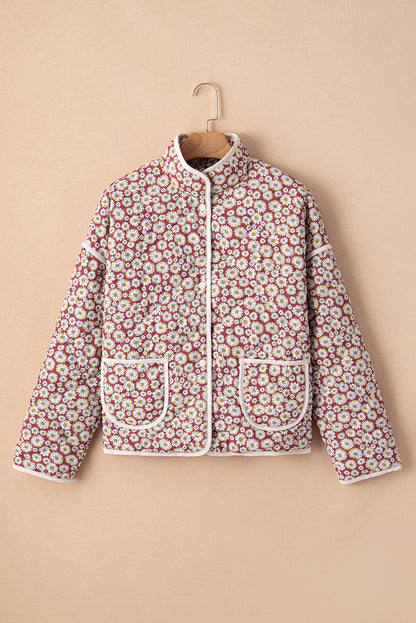 Pink Floral Print Contrast Edge Stand Neck Coat