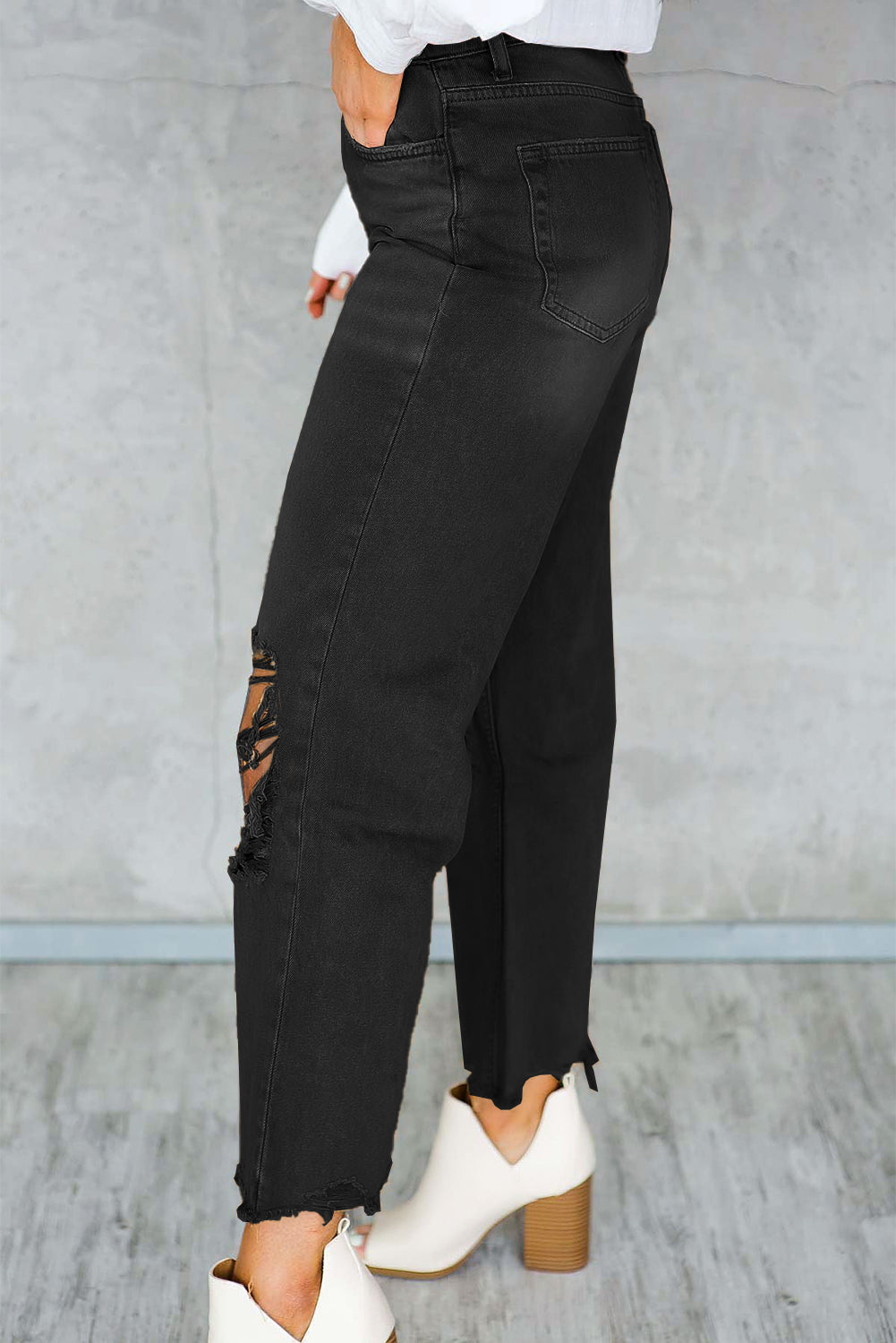 Black Distressed Hollow-out High Waist Cropped Flare Jeans