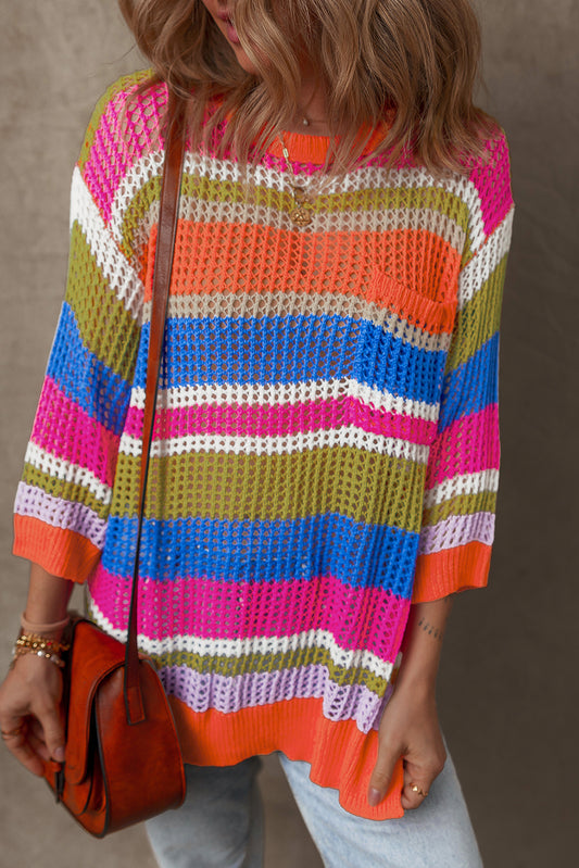 Orange Stripe Colorblock Hollowed Crochet 3/4 Sleeve Sweater