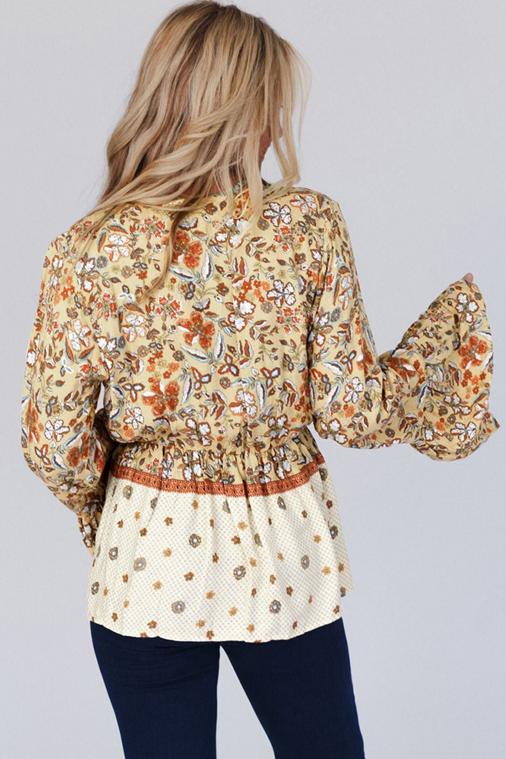 Yellow Printed Floral Bell Sleeve V Neck Wrapped Contrast Peplum Blouse